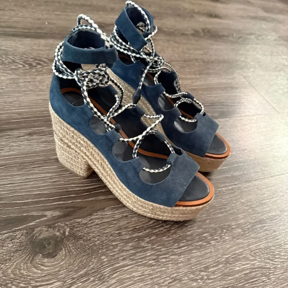 Tory Burch Positano lace-up platform espadrille sandal in blue suede